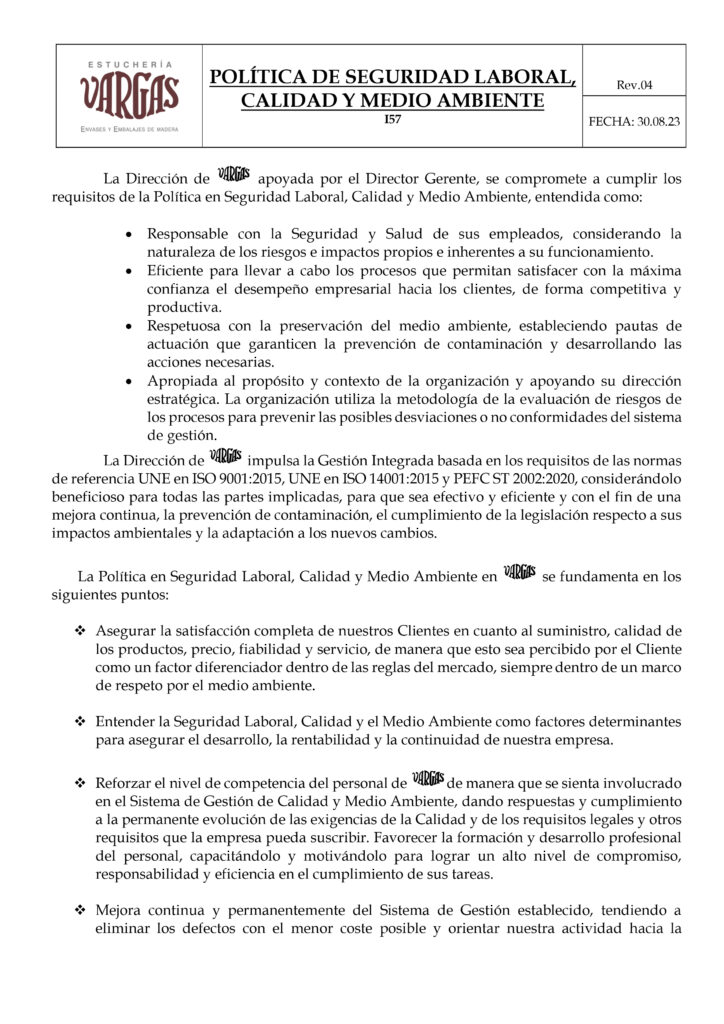 Política de seguridad laboral y calidad y medio ambiente